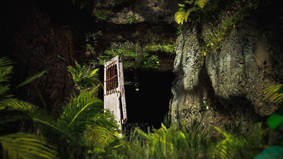 Unreal Engine 5 render — An overgrown doorway in a jungle cave
