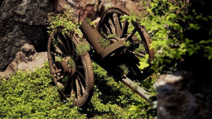 Unreal Engine 5 render — A moss-covered cart wheel in the undergrowth