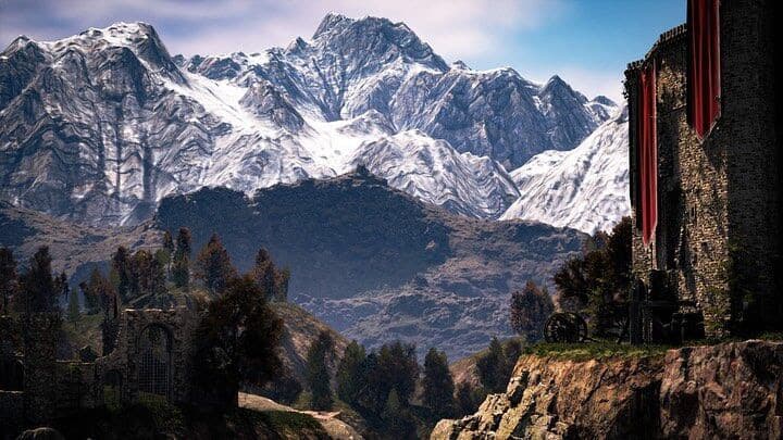 Unreal Engine 5 render — Snow peaks beyond a castle wall hung with red banners