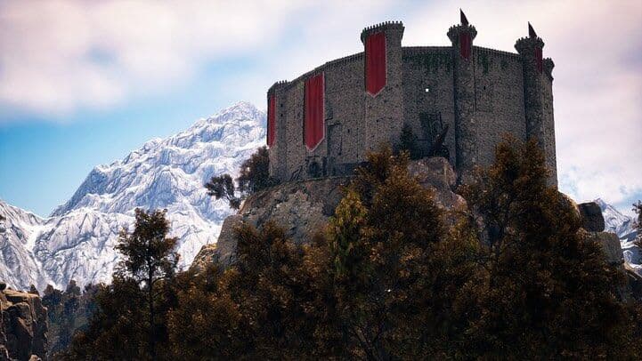 Unreal Engine 5 render — A castle on a rocky outcrop below snow-capped mountains