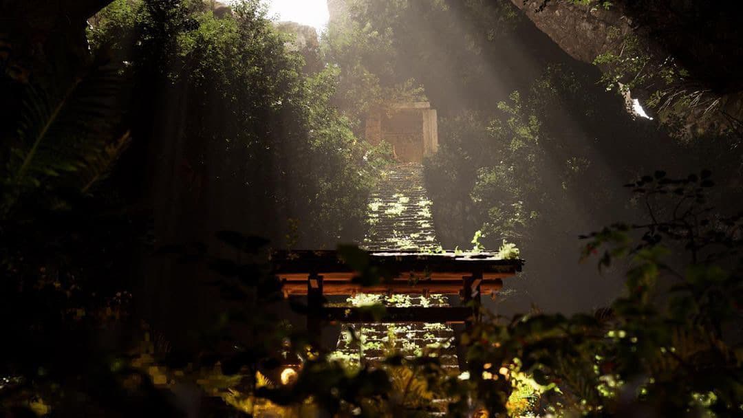 Unreal Engine 5 render — Light shafts falling on a shrine gate in the forest