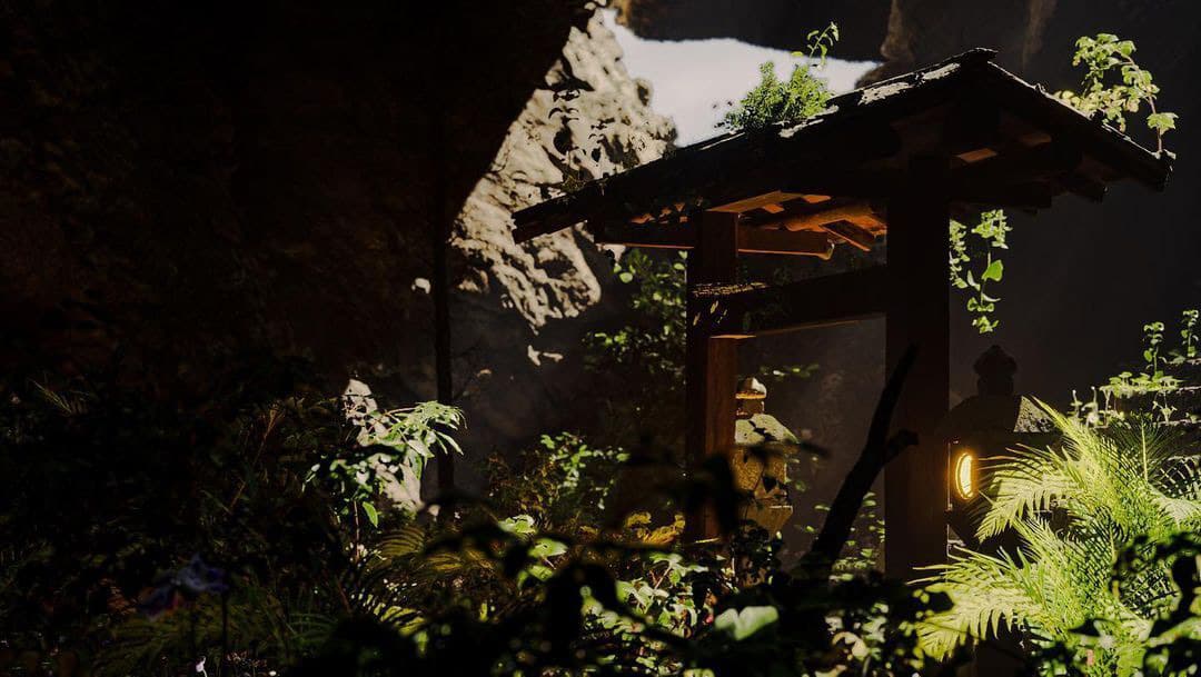 Unreal Engine 5 render — A wooden shrine gate lit by lanterns