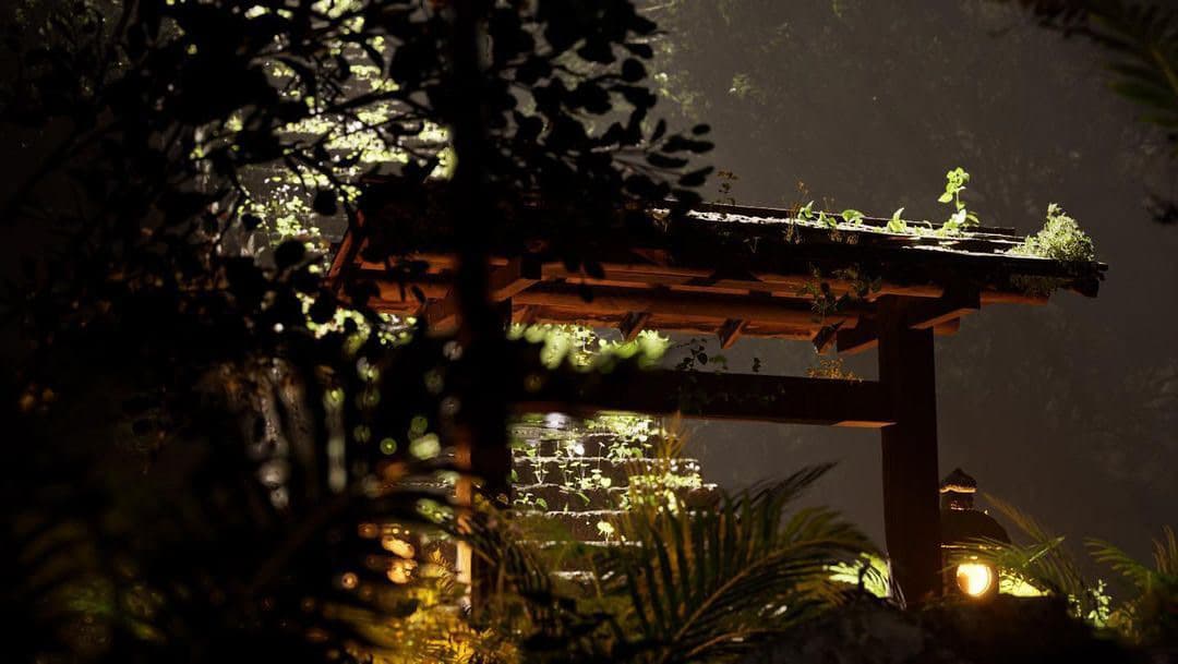 Unreal Engine 5 render — A shrine gate glowing in the undergrowth