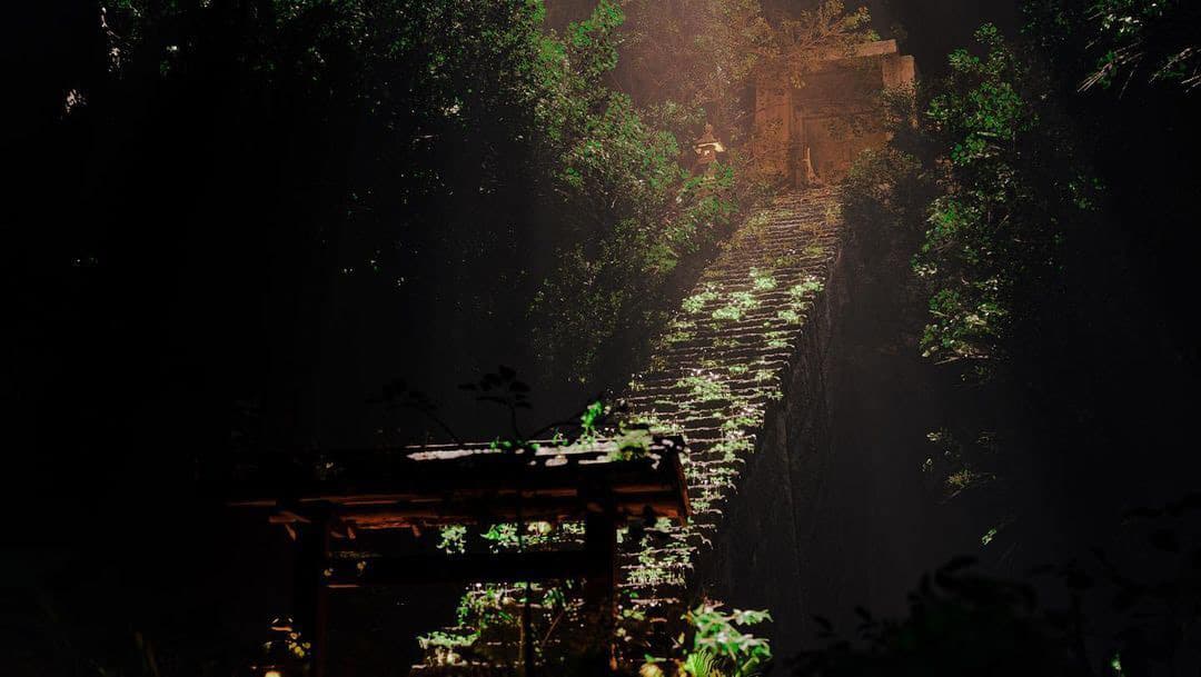 Unreal Engine 5 render — Stone steps climbing past a shrine gate